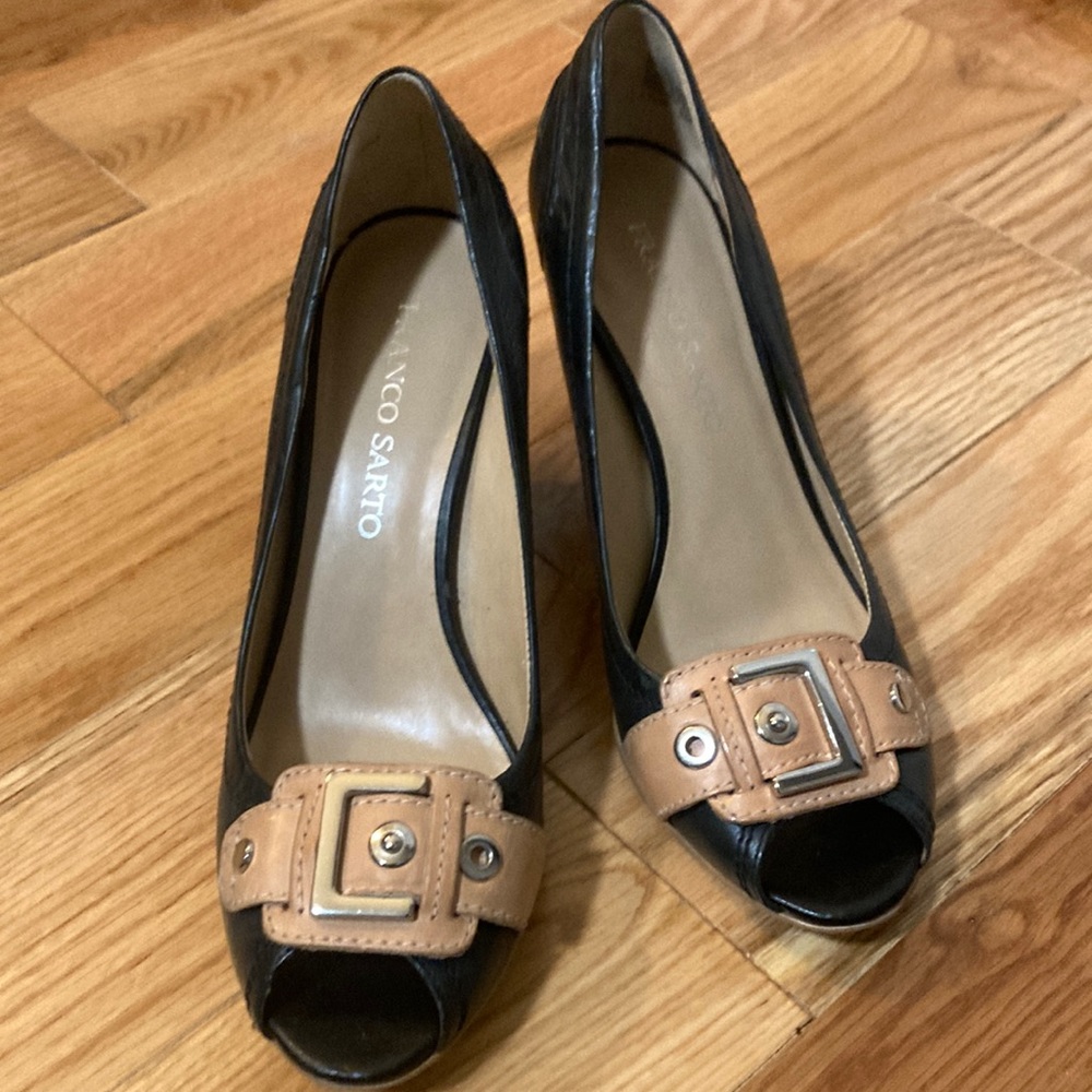 Franco Sarto black leather with beige strap heels